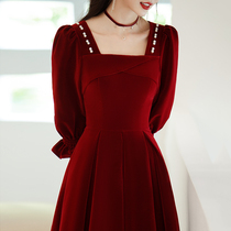 Velvet toast Bride 2021 new winter fugitive princess little wine red wedding engagement dress female