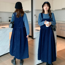 Pregnant women set Spring and Autumn Net red autumn corduroy strap dress age two-piece autumn winter base shirt