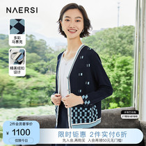 NAERSI Nalth Chessboard Grid Crash Color Knit Cardiovert Woman Spring New Big Code Jacket Blouse