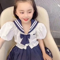 Girls Set Summer 2021 New Children Bow Short Sleeve Top Net Red Academy Style Pleated Skirt Two-piece Set