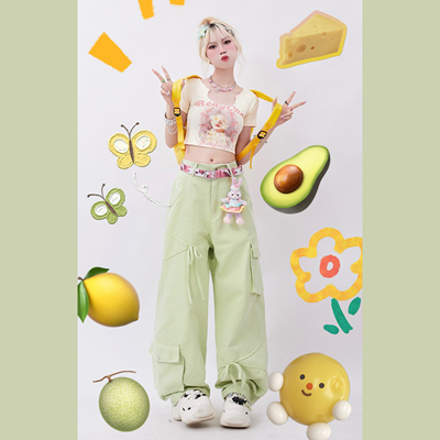 taobao agent Rayohopp worker trousers female summer dopamine wearing Japanese poly pocket bow design hot girl straight pants