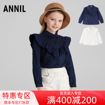 Anay childrens dress girl long sleeve shirt 2022 fall fit new lotus leaf lace CUHK child turned pure cotton shirt