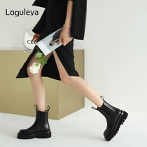 Loguleya leather inner heightened Martin boots womens British style mid-tube thick-soled Chelsea short boots chimney boots women