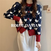 France rouje damas early spring new love flocking jacquard sweater women Lazy Wind Knit Cardiovert Coat