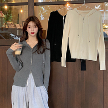 Large size women's fat mm gray hooded sweater women lazy wind autumn and winter design feeling small group double zipper knitted cardigan