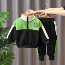 Boy autumn winter suit 2021 new children plus velvet sweater foreign baby sports set tide handsome fashion
