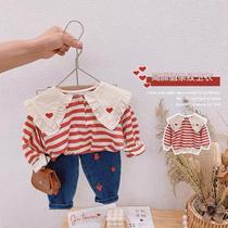 Childrens clothing girls 2021 autumn clothes new love big lapel striped sweater baby Korean cotton casual coat tide