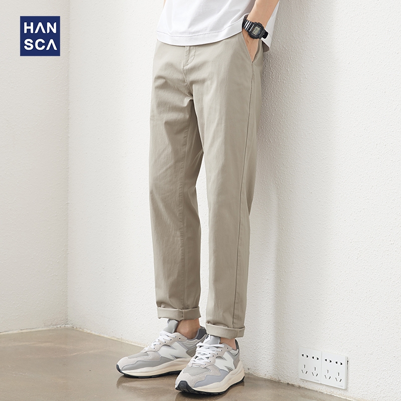 Hanska Spring and Autumn casual pants, men's straight tube trend, versatile khaki elastic men's work clothes, plush long pants