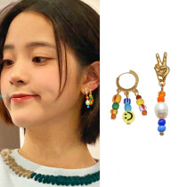 Ouyang Nana Tongan ear clip 2022 New string of beads Smiling Face Colorful Earrings Small Crowdasymmetrical Cute Earrings