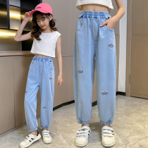Girls Summer Sky Silk Jeans Children Dress CUHK Childrens Children Summer Clothes Long Pants Thin Loose Spring Autumn Anti-mosquito Pants