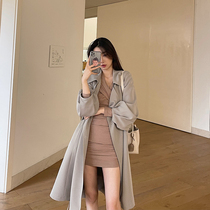 ACHI Great also pool green lacing to collect waist and suit collar in long style jacket double-row buttoned early spring temperament