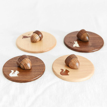 Japan imported handmade solid wood shell inlaid Squirrel Acorn cute universal mug glass lid