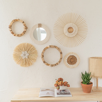 European and American style wall decoration ins round woven mirror solid wood retro homestay decoration Moroccan National French wall hanging