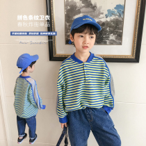 Boys spring and autumn sweatshirt 2022 The new middle childrens green strip Korean tie head blouses the boy foreign air tide color