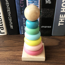  Puzzle early education toddlers wooden construction colorful rainbow tower shape matching stacking tumbler macaron color