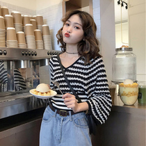 Retro Hong Kong Flavor chic Striped Long Sleeve Knit Womens 2021 Spring and Autumn New Loose Short Small Fragrant Style Top