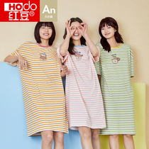 Red bean nightgown womens cotton summer long cute stripe short sleeve home wear thin spring and autumn womens pajamas
