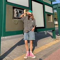 Denim shorts womens summer 2021 new high waist thin section loose a-line straight wide leg pants five-point pants