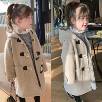 Girls wool jacket buffalo horn button foreign air? 2022 autumn and winter new thickened warm jacket childrens clothing