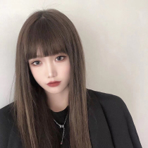 Water dance wig female long straight hair Korean comic Air thin bangs cold brown Classic high temperature silk long hair New hair set