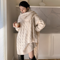 JW dimples custom-made scarf round neck twisted knitted sweater womens autumn long loose padded sweater