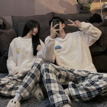 Durable version ~ classic checkered couple pajamas female autumn and winter padded velvet coral velvet home suit women