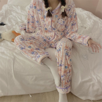 Style chao Zheng ~ cute new coral velvet pajamas women autumn and winter thickened flannel home wear