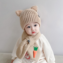日本ZD婴儿帽子围巾套装秋冬纯棉宝宝超萌可爱毛线护耳帽针织