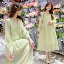 Angel Mommy~Pregnant women dress spring and summer thin temperament V collar loose summer dress decrease age large dress tide