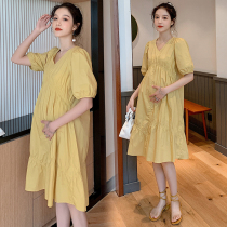 Angel mommy~Maternity dress spring and summer fashion temperament V-neck loose medium long large size maternity dress summer