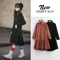  Girls  black literary dress autumn and winter new high-neck thin bottoming skirt mid-size childrens Western style parent-child long skirt