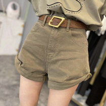 European station 2021 summer new product card green high waist tooling casual shorts thin stretch denim wide leg pants women