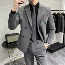 Autumn and winter casual striped double-breasted suit mens suit mens suit young slim dress jacket suit two-piece suit