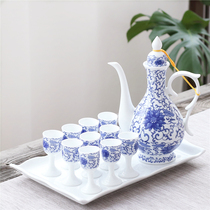 Ancient style wine bottle blue and white porcelain glass court style ceramic wine with antique goblet Jingdezhen Chinese white glass