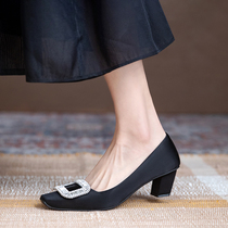 Givenivan romantic atmosphere ~ water drill square buckle single shoe woman silk satin high heel headwedding shoes coarse heel 4 5cm