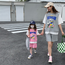 2022 Summer new pro-daughter Mother-daughter Cartoon Short Sleeve Suit Net Red burst pure cotton Two sets of Korean version loose