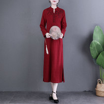 Natural shop original high-end linen cotton long sleeve dress literary embroidery V-collar loose thin a skirt