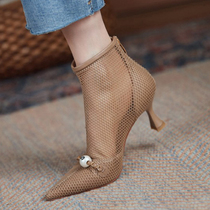 Net-yarn hollowed-out short boots 2022 spring and summer new womens boots genuine leather Sexy fine heel pointed cool boots High heel nude boots sandals