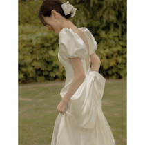 Light main wedding dress 2021 new bride French bow fishtail out of the yarn satin simple temperament welcome summer
