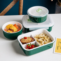  Green glaze ceramic grid lunch box for microwave oven with lid buckle sealed food preservation bowl