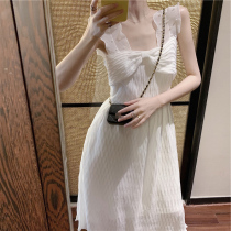 White suspender dress womens 2021 summer new French tea break bellflower Hepburn style sweet medium-long skirt