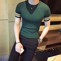  Korean summer color crew neck short-sleeved thin sweater mens personality ice mesh eye breathable T-shirt fitness bottoming t