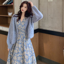 2021 Spring and Autumn New French Fried Street Long Dress Gentle Style Maid Temperament Floral Garment Two Pieces Female