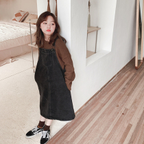 Childrens foreign style strap skirt long girls denim skirt spring and autumn 2021 New Korean version of the childrens sling dress