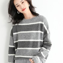 Korean womens pullover round neck outer wear loose sweater off-the-shoulder sleeve striped bottoming shirt top 2121 autumn new