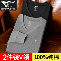 Seven wolves V collar autumn clothes mens spring and autumn blouses pure cotton sweatshirt warm underwear mens mid-aged chicken heart collar thin