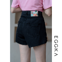EGGKA perforated black denim shorts high waist thin wide leg pants womens summer thin straight loose hot pants