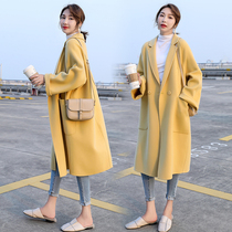 Yellow imitation cashmere coat women 2021 Autumn New loose Joker double red long suit collar wool jacket