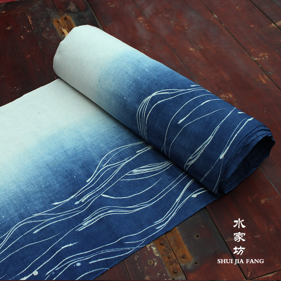 Shuijiafang grass and wood dye batik hand-painted blue dyed water pattern Guizhou hand-woven tea table soft installation 15 meters 8.8 fold