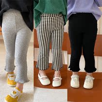 Korean childrens knitted stretch flared pants 2021 spring and autumn girls tight nine leggings sweet lattice pants